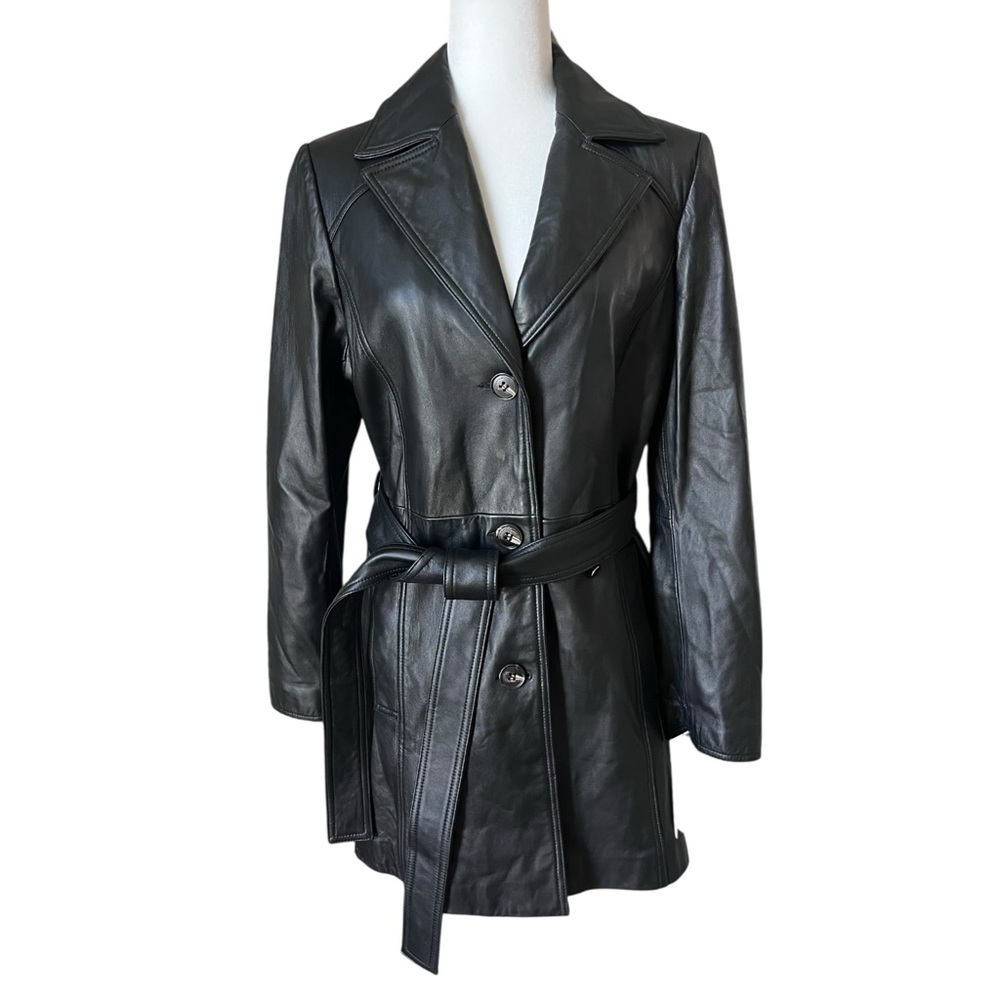 Tahari Black Genuine Leather Classic Belted Trench Coat Minimalist NWT Size XL